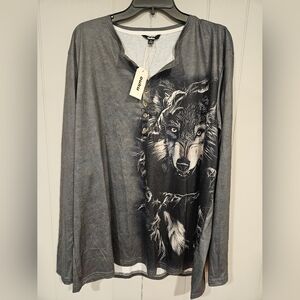 Ouku Wolf Tribal Print Gray Long Sleeve Henley TShirt Mens 3XL-NWT